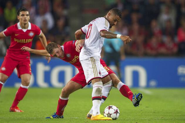 (L-R) Karim Rekik of PSV, Stijn Schaars of PSV, Kevin-Prince Boateng of AC Milan during the Champions League qualifier match between PSV and AC Milan at Philips stadium on August 20, 2013 in Eindhoven, The Netherlands. PSV v AC Milan Qualifier Champions League 2013 2014 xVIxxIVx 1739786