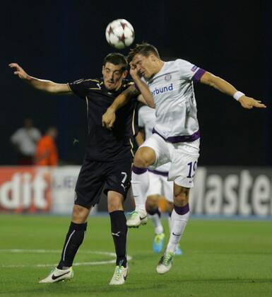 Zagreb, Stadion Maksimir, 21.8.2013., - UEFA Champion League 2013 14, Play-off round 1st leg. GNK Dinamo Zagreb (blue) - Austria Wien (white). Dinamo - Austria - Arijan Ademi, Marko Stankovic