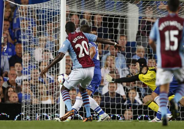 Aston Villa s Christian Benteke scoring his sides opening goal Chelsea v Aston Villa - Barclays Premiership - Stamford Bridge - London - England -21 08 2013 - Pic David Klein Sportimage EDITORIAL USE ONLY. No use with unauthorised audio, video, data, fixture lists, club league logos or live services. Online in-match use limited to 120 images, no video emulation. No use in betting, games or single club league player publications.