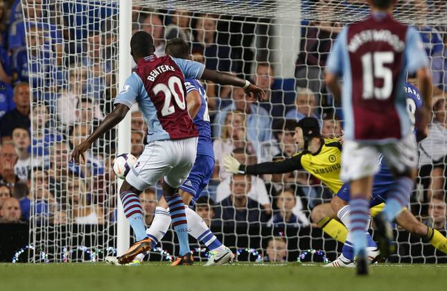 Aston Villa s Christian Benteke scoring his sides opening goal Chelsea v Aston Villa - Barclays Premiership - Stamford Bridge - London - England -21 08 2013 - Pic David Klein Sportimage EDITORIAL USE ONLY. No use with unauthorised audio, video, data, fixture lists, club league logos or live services. Online in-match use limited to 120 images, no video emulation. No use in betting, games or single club league player publications.
