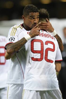 Esultanza dopo il gol di Kevin Prince Boateng Milan 1-0 con Stephan El Shaarawy Goal celebration Milano 28-08-2013 Stadio Giuseppe Meazza Football Calcio Champions League Play-Offs AC Milan - Psv Eindhoven andreaxstaccioli