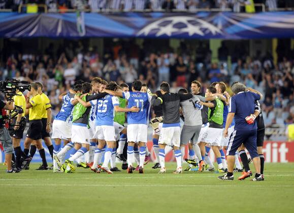 Second leg of qualyfing round Champions League match between Real Sociedad and Olympique Lyon. In this picture, Real Sociedad players celebrate the qualification for the next round. xJOSUNExMTZ.xDExALBENIZx 