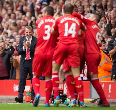 Manager of Liverpool, Brendan Rodgers applauds goal scorer Daniel Sturridge - Liverpool vs. Manchester United - Barclay s Premier League - Anfield - Liverpool - 01 09 2013 Pic Philip Oldham Sportimage EDITORIAL USE ONLY. No use with unauthorised audio, video, data, fixture lists, club league logos or live services. Online in-match use limited to 120 images, no video emulation. No use in betting, games or single club league player publications.