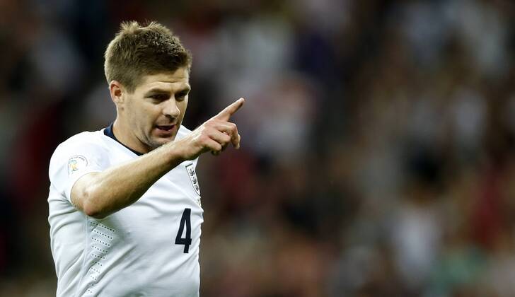Steven Gerrard of England celebrates scoring during the FIFA 2014 World Cup Qualifying Group H match between England and Moldova at Wembley Stadium in London, Britain on Sept. 6, 2013. England won 4-0.(Xinhua Wang Lili) (SP)BRITAIN-LONDON-SOCCER-FIFA 2014 WORLD CUP QUALIFIER-ENGLAND VS MOLDOVA