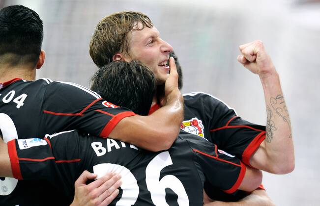 Fussball, Bundesliga, Deutschland, Herren, Saison 2013 2014, 5. Spieltag, BayArena Leverkusen: Bayer Leverkusen (schwarz) - VfL Wolfsburg (weiss) 3:1; Jubel Stefan Kießling, Kiessling (Leverkusen) nach seinem Tor zum 3:1. Jubel, Freude, Aktion.