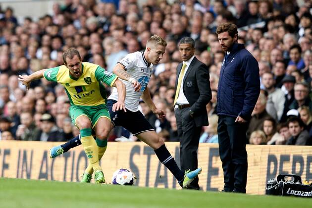 Tottenham s Lewis Holtby puts Norwich City s Johan Elmander under pressure - Tottenham Hotspur vs Norwich City - Premier League 2013 14 - White Hart Lane - London - 14th September 2013 - EDITORIAL USE ONLY. No use with unauthorised audio, video, data, fixture lists, club league logos or live services. Online in-match use limited to 120 images, no video emulation. No use in betting, games or single club league player publications.
