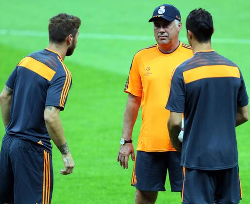 Real Madrid s coach Carlo Ancelotti, Sergio Ramos and Christiano Ronaldo attends a training session ahead of their UEFA Champions League Group B match against Galatasaray AS at the Ali Sami Yen Area on September 16, 2013 in Istanbul, Turkey 