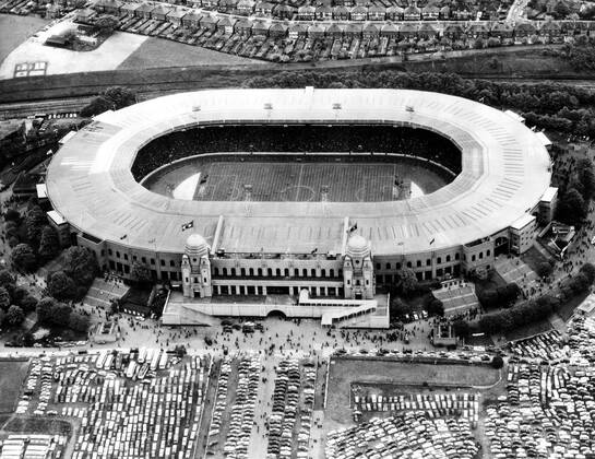 Aerial view of Wembley Stadium showing the newly erected roof which protects the spectators. 1966.  UnitedArchives00575550