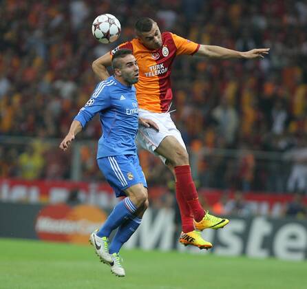 UEFA Champions League group B match between Galatasaray and Real Madrid at Turk Telekom Arena Stadium on September 17, 2013 in Istanbul,Turkey. Pictured: Daniel Carvajal of Real Madrid and Burak Yilmaz of Galatasaray. 