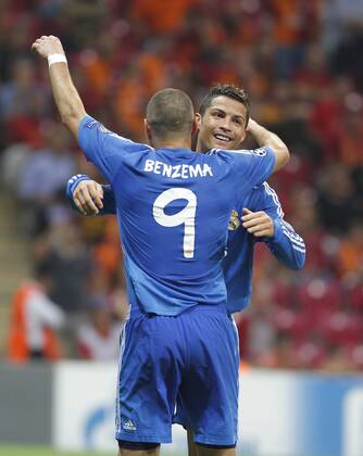 Champions League match played between Real Madrid and Galatasaray Istanbul. In this picture, Cristiano Ronaldo celebrates a goal for Real Madrid Karim Benzema. xBEATRIZxGUZMANx 