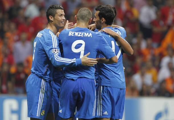 Champions League match played between Real Madrid and Galatasaray Istanbul. In this picture, Cristiano Ronaldo celebrates a goal with Karim Benzema and Alvaro Arbeloa. xBEATRIZxGUZMANx