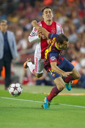 (L-R) Bojan Krkic of Ajax, Javier Mascherano of FC Barcelona during the Champions League match between FC Barcelona and Ajax Amsterdam on September 18, 2013 at the Camp Nou stadium in Barcelona, Spain FC Barcelona v Ajax Champions League 2013 2014 xVIxxIVx 1796324