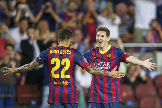(L-R) Dani Alves of FC Barcelona, Lionel Messi of FC Barcelona during the Champions League match between FC Barcelona and Ajax Amsterdam on September 18, 2013 at the Camp Nou stadium in Barcelona, Spain FC Barcelona v Ajax Champions League 2013 2014 xVIxxIVx 1796332