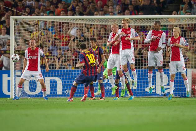 (L-R) Siem de Jong of Ajax, Lionel Messi of FC Barcelona, Kolbeinn Sigthorsson of Ajax, Christian Poulsen of Ajax during the Champions League match between FC Barcelona and Ajax Amsterdam on September 18, 2013 at the Camp Nou stadium in Barcelona, Spain FC Barcelona v Ajax Champions League 2013 2014 xVIxxIVx 1796337