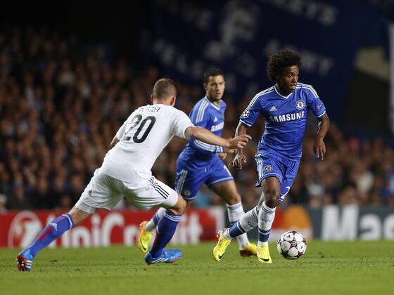 Chelsea s Willian in action Chelsea FC London v FC Basel - Champions League - Stamford Bridge - London - England - EDITORIAL USE ONLY. No use with unauthorised audio, video, data, fixture lists, club league logos or live services. Online in-match use limited to 120 images, no video emulation. No use in betting, games or single club league player publications.