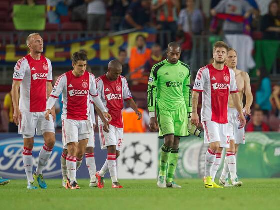 (L-R) Mike van der Hoorn of Ajax, Bojan Krkic of Ajax, Thulani Serero of Ajax, goalkeeper Kenneth Vermeer of Ajax, Lasse Schone of Ajax during the Champions League match between FC Barcelona and Ajax Amsterdam on September 18, 2013 at the Camp Nou stadium in Barcelona, Spain FC Barcelona v Ajax Champions League 2013 2014 xVIxxIVx 1796993