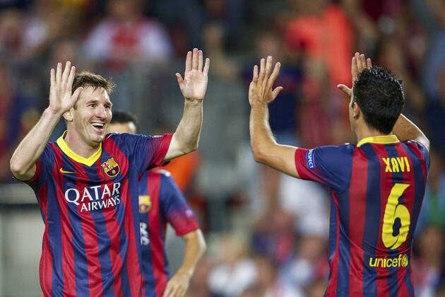 (L-R) Lionel Messi of FC Barcelona, Xavi Hernandez of FC Barcelona during the Champions League match between FC Barcelona and Ajax Amsterdam on September 18, 2013 at the Camp Nou stadium in Barcelona, Spain FC Barcelona v Ajax Champions League 2013 2014 xVIxxIVx 1797090