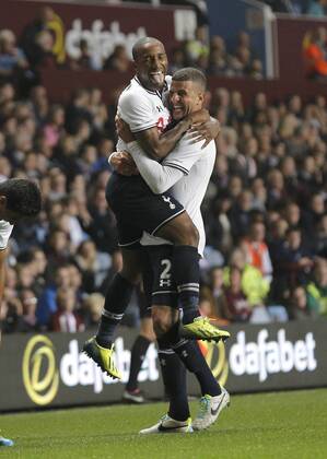 Jermaine Defoe celebrates scoring the first goal of the game for Tottenham Hotspur with Kyle Walker (right) Football - Capital One Cup - Aston Villa vs Tottenham Hotspur - Villa Park Birmingham - Season 2013-2014 - September 24th 2013 - Photograph Malcolm Couzens Sportimage EDITORIAL USE ONLY. No use with unauthorised audio, video, data, fixture lists, club league logos or live services. Online in-match use limited to 120 images, no video emulation. No use in betting, games or single club league player publications.