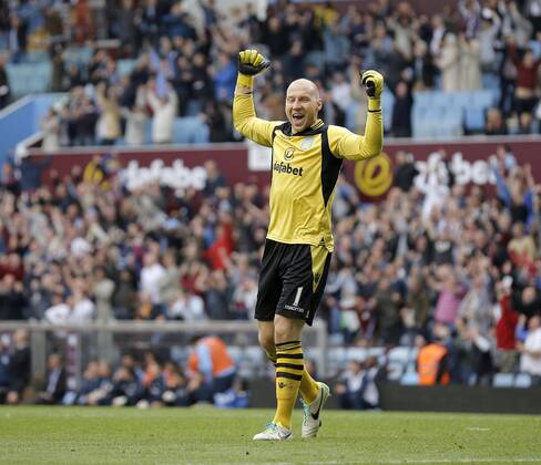 Aston Villa goalkeeper Brad Guzan celebrates after his side s winning goal - Football - Barclays Premier League - Aston Villa vs Manchester City - Villa Park Birmingham - Season 2013-2014 - September 28th 2013 - Photograph Malcolm Couzens Sportimage EDITORIAL USE ONLY. No use with unauthorised audio, video, data, fixture lists, club league logos or live services. Online in-match use limited to 120 images, no video emulation. No use in betting, games or single club league player publications.
