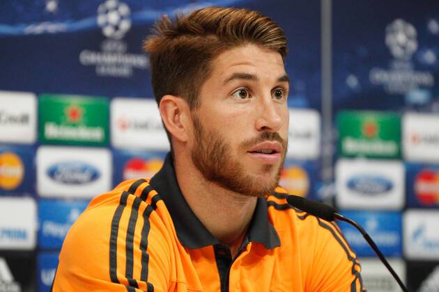 Real Madrid defender and second captain Sergio Ramos holding a pregame press conference in the press room of Valdebebas complex, Madrid, on October 1st, 2013, ahead of Real Madrid s second Champions League group stage match against Danish club Copenhaguen that will be played at Santiago Bernabeu stadium on the next day. 