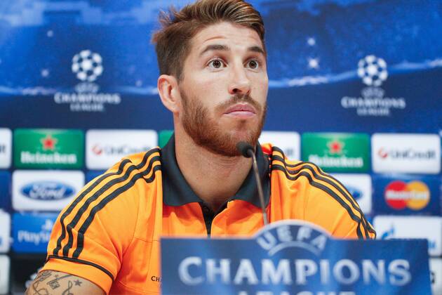 Real Madrid defender and second captain Sergio Ramos holding a pregame press conference in the press room of Valdebebas complex, Madrid, on October 1st, 2013, ahead of Real Madrid s second Champions League group stage match against Danish club Copenhaguen that will be played at Santiago Bernabeu stadium on the next day. 