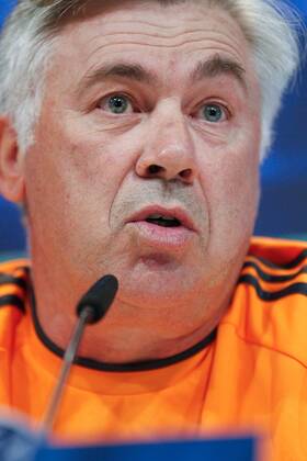 Real Madrid coach Carlo Ancelotti holding a pregame press conference in the press room of Valdebebas complex, Madrid, on October 1st, 2013, ahead of Real Madrid s second Champions League group stage match against Danish club Copenhaguen that will be played at Santiago Bernabeu stadium on the next day. 