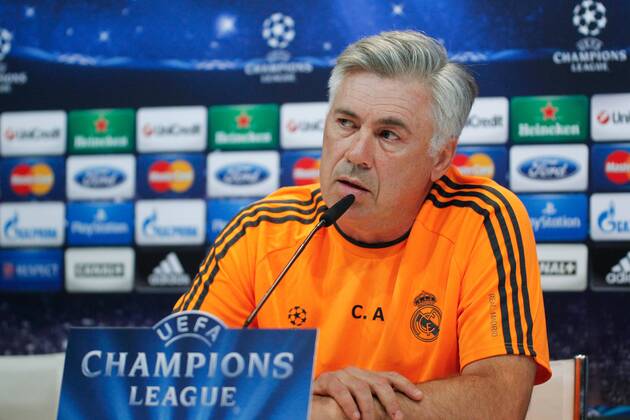 Real Madrid coach Carlo Ancelotti holding a pregame press conference in the press room of Valdebebas complex, Madrid, on October 1st, 2013, ahead of Real Madrid s second Champions League group stage match against Danish club Copenhaguen that will be played at Santiago Bernabeu stadium on the next day. 
