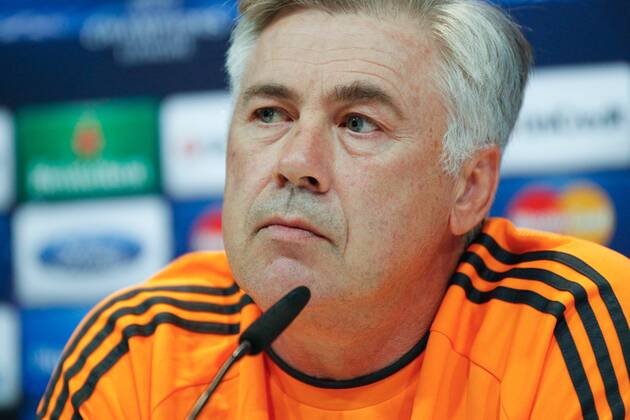 Real Madrid coach Carlo Ancelotti holding a pregame press conference in the press room of Valdebebas complex, Madrid, on October 1st, 2013, ahead of Real Madrid s second Champions League group stage match against Danish club Copenhaguen that will be played at Santiago Bernabeu stadium on the next day. 