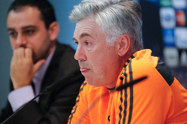Real Madrid coach Carlo Ancelotti holding a pregame press conference in the press room of Valdebebas complex, Madrid, on October 1st, 2013, ahead of Real Madrid s second Champions League group stage match against Danish club Copenhaguen that will be played at Santiago Bernabeu stadium on the next day. 