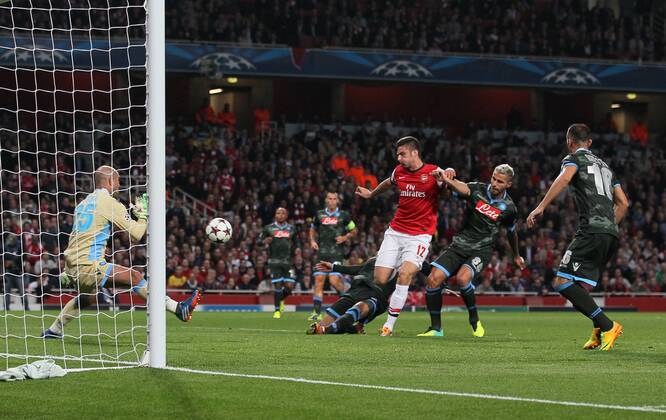 Arsenal s Olivier Giroud scoring his sides second goal Arsenal FC Lodnon v SSC Napoli - Champions League - Emirates Stadium - London - England -01 10 2013 - EDITORIAL USE ONLY. No use with unauthorised audio, video, data, fixture lists, club league logos or live services. Online in-match use limited to 120 images, no video emulation. No use in betting, games or single club league player publications.