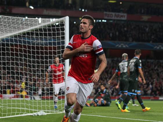 Arsenal s Olivier Giroud celebrates scoring his sides second goal Arsenal FC Lodnon v SSC Napoli - Champions League - Emirates Stadium - London - England -01 10 2013 - EDITORIAL USE ONLY. No use with unauthorised audio, video, data, fixture lists, club league logos or live services. Online in-match use limited to 120 images, no video emulation. No use in betting, games or single club league player publications.