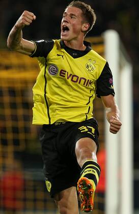 01.10.2013, Fussball Championsleague 2013 2014, Vorrunde, 2.Spieltag, Borussia Dortmund (BVB) - Olympique Marseille, im Signal-Iduna-Park Stadion in Dortmund. Jubel Eric Durm (Dortmund) zum Tor zum 1:0
