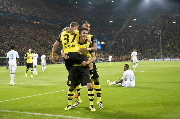 Jubel DO nach dem Tor zum 1:0, v.l. Eric DURM, Nuri SAHIN, Pierre-Emerick AUBAMEYANG, Fussball Champions League, Vorrunde, 2. Spieltag, Borussia Dortmund (DO) - Olympique Marseille (MAR), am 01.10.2013 in Dortmund Deutschland.