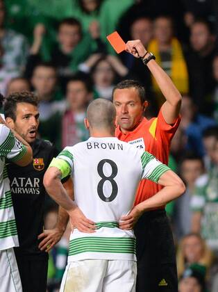 Scott Brown of Celtic gets a red card - UEFA Champions League Group H - Celtic vs Barcelona - Celtic Park Stadium - Glasgow - Scotland - 01 10 13 - Picture Simon Bellis Sportimage EDITORIAL USE ONLY. No use with unauthorised audio, video, data, fixture lists, club league logos or live services. Online in-match use limited to 120 images, no video emulation. No use in betting, games or single club league player publications.
