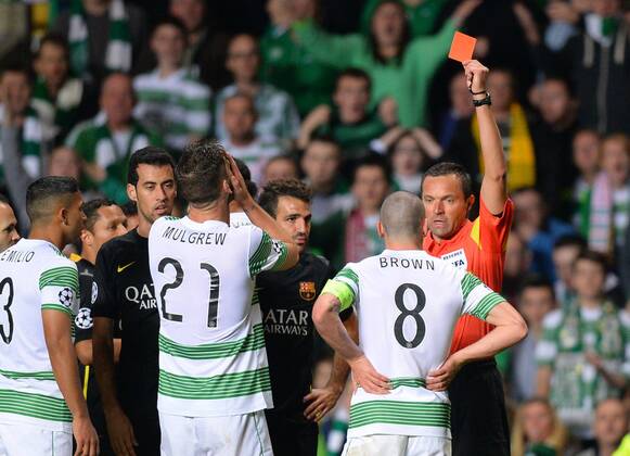 Scott Brown of Celtic gets a red card - UEFA Champions League Group H - Celtic vs Barcelona - Celtic Park Stadium - Glasgow - Scotland - 01 10 13 - Picture Simon Bellis Sportimage EDITORIAL USE ONLY. No use with unauthorised audio, video, data, fixture lists, club league logos or live services. Online in-match use limited to 120 images, no video emulation. No use in betting, games or single club league player publications.