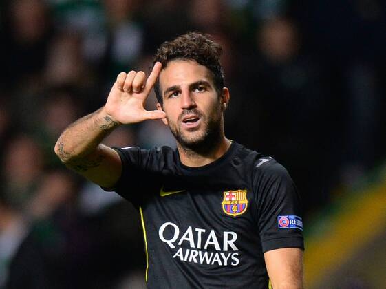 Cesc Fabregas of Barcelona celebrates scoring - UEFA Champions League Group H - Celtic vs Barcelona - Celtic Park Stadium - Glasgow - Scotland - 01 10 13 - Picture Simon Bellis Sportimage EDITORIAL USE ONLY. No use with unauthorised audio, video, data, fixture lists, club league logos or live services. Online in-match use limited to 120 images, no video emulation. No use in betting, games or single club league player publications.
