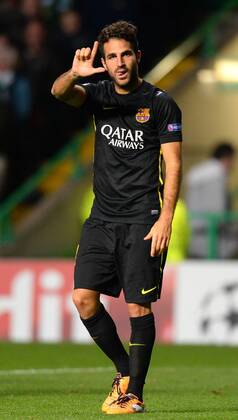 Cesc Fabregas of Barcelona celebrates scoring - UEFA Champions League Group H - Celtic vs Barcelona - Celtic Park Stadium - Glasgow - Scotland - 01 10 13 - Picture Simon Bellis Sportimage EDITORIAL USE ONLY. No use with unauthorised audio, video, data, fixture lists, club league logos or live services. Online in-match use limited to 120 images, no video emulation. No use in betting, games or single club league player publications.