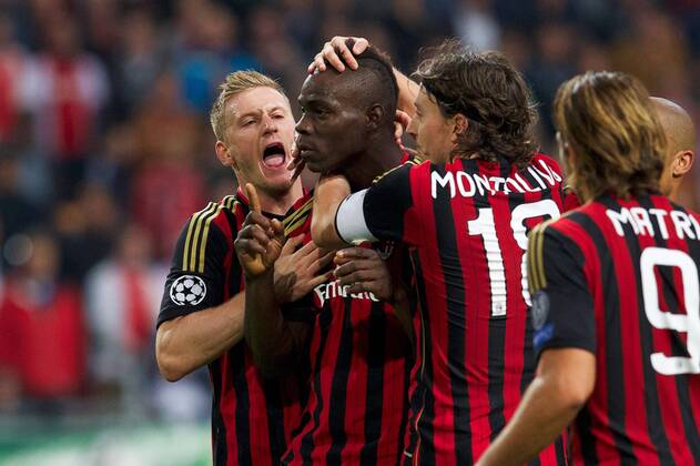 (L-R) Ignazio Abate of AC Milan, Mario Balotelli of AC Milan, Riccardo Montolivo of AC Milan during the Champions League match between Ajax Amsterdam and AC Milan on Oktober 1, 2013 at the Amsterdam Arena in Amsterdam, The Netherlands. Ajax v AC Milan Champions League 2013 2014 xVIxxIVx 1826453