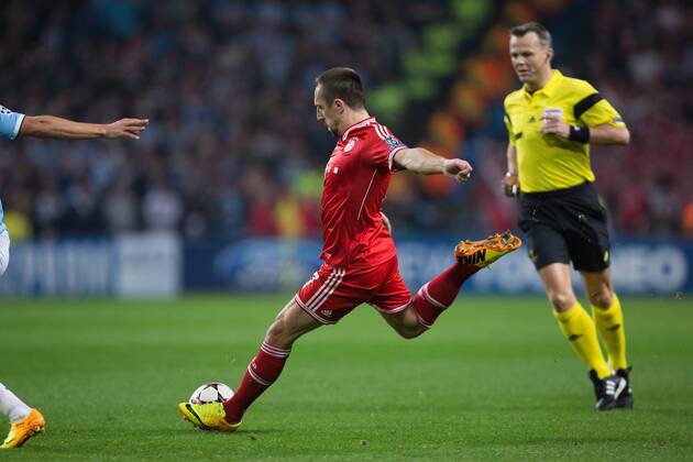 Frank Ribery of Munich opens the scoring - Manchester City vs. FC Bayern Munich - UEFA Champion s League - Etihad Stadium - Manchester - 02 19 2013 Pic Philip Oldham Sportimage EDITORIAL USE ONLY. No use with unauthorised audio, video, data, fixture lists, club league logos or live services. Online in-match use limited to 120 images, no video emulation. No use in betting, games or single club league player publications.