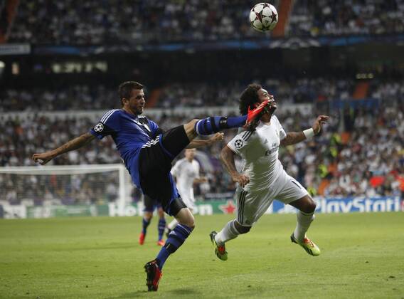 Soccer match between Real Madrid and FC Copenhagen of the Champions League, held at the Santiago Bernabeu stadium, in Madrid 10 2 2013. Marcelo 