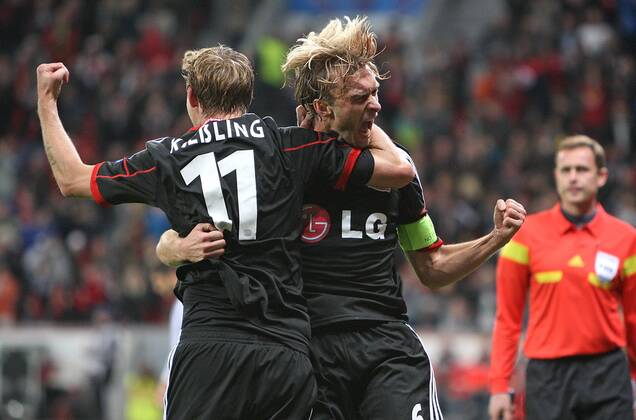 02.10.2013, Fussball Championsleague 2013 2014, Vorrunde, 2.Spieltag, Bayer 04 Leverkusen - Real Sociedad San Sebastian , in der BayArena Leverkusen. Jubel Stefan Kießling (Bayer Leverkusen) und Torschütze Simon Rolfes (Bayer Leverkusen) zum Tor zum 1:0