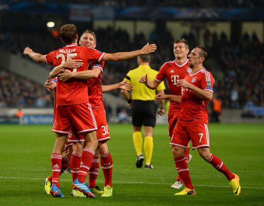 Thomas Muller of Bayern Munich celebrates scoring the second goal - UEFA Champions League Group D - Manchester City vs Bayern Munich - Etihad Stadium - Manchester - England - 02 10 13 - Picture Simon Bellis Sportimage EDITORIAL USE ONLY. No use with unauthorised audio, video, data, fixture lists, club league logos or live services. Online in-match use limited to 120 images, no video emulation. No use in betting, games or single club league player publications.