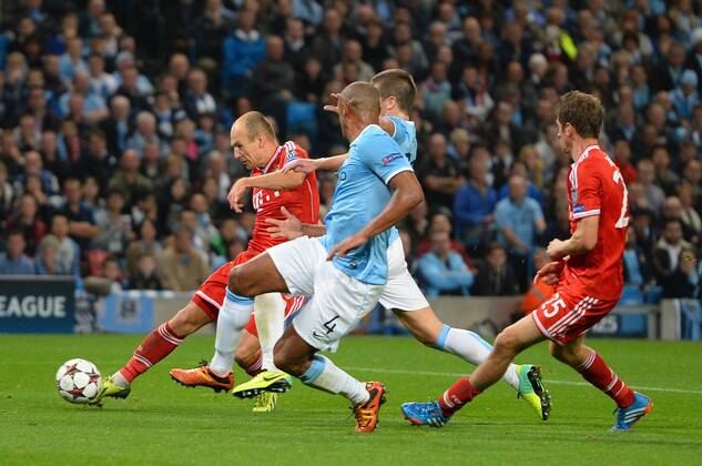Arjen Robben of Bayern Munich scores the third goal - UEFA Champions League Group D - Manchester City vs Bayern Munich - Etihad Stadium - Manchester - England - 02 10 13 - Picture Simon Bellis Sportimage EDITORIAL USE ONLY. No use with unauthorised audio, video, data, fixture lists, club league logos or live services. Online in-match use limited to 120 images, no video emulation. No use in betting, games or single club league player publications.