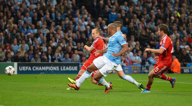 Arjen Robben of Bayern Munich scores the third goal - UEFA Champions League Group D - Manchester City vs Bayern Munich - Etihad Stadium - Manchester - England - 02 10 13 - Picture Simon Bellis Sportimage EDITORIAL USE ONLY. No use with unauthorised audio, video, data, fixture lists, club league logos or live services. Online in-match use limited to 120 images, no video emulation. No use in betting, games or single club league player publications.