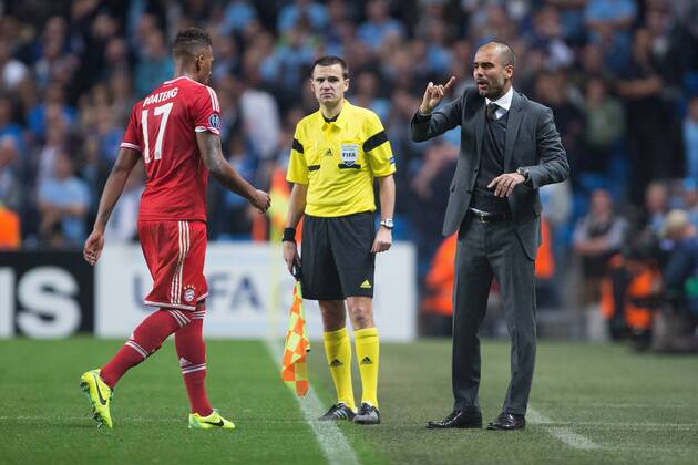 Pep Guardiola of Munich gestures as Jerome Boateng of Munich makes his way off after his red card - Manchester City vs. FC Bayern Munich - UEFA Champion s League - Etihad Stadium - Manchester - 02 19 2013 Pic Philip Oldham Sportimage EDITORIAL USE ONLY. No use with unauthorised audio, video, data, fixture lists, club league logos or live services. Online in-match use limited to 120 images, no video emulation. No use in betting, games or single club league player publications.