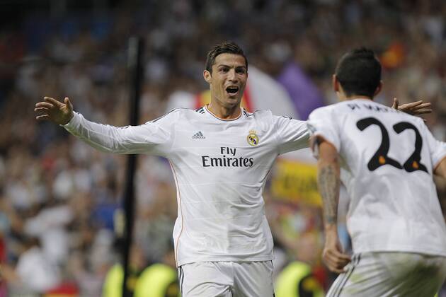 Soccer match between Real Madrid and FC Copenhagen of the Champions League, held at the Santiago Bernabeu stadium, in Madrid 10 2 2013. Cristiano Ronaldo and Angel di Maria celebrate after scoring 