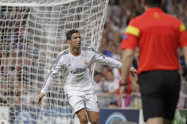 Soccer match between Real Madrid and FC Copenhagen of the Champions League, held at the Santiago Bernabeu stadium, in Madrid 10 2 2013. Cristiano Ronaldo celebrates after scoring 