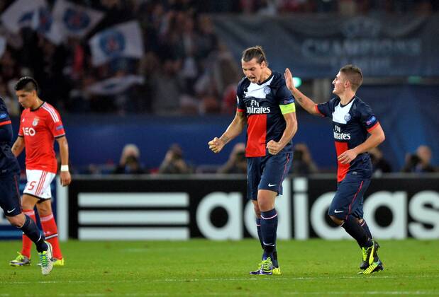Zlatan Ibrahimovic (psg) - Marco Verratti (psg) FOOTBALL : FC Paris Saint Germain vs Benfica Lisbon - UEFA Champions League 2013 2014 - 02 10 2013 AnthonyBIBARD FEP Panoramic 