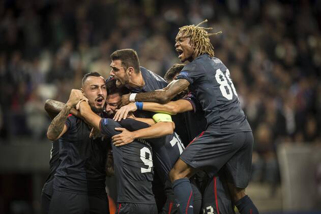 Kostas Mitroglou of Olympiacos - celebration FOOTBALL : RSC Anderlecht vs Olympiakos Piräus - UEFA Champions League 2013 2014 - 02 10 2013 PHOTONEWS PANORAMIC 
