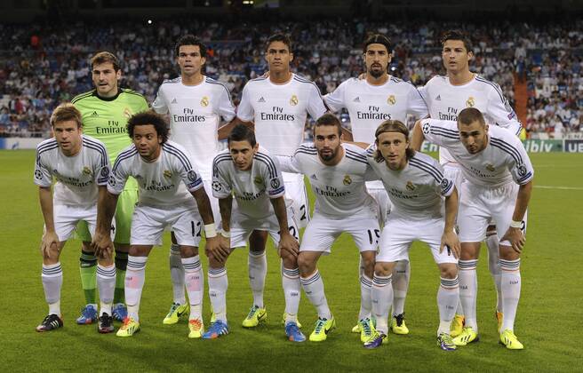 UEFA Champions League match of Real Madrid. In this picture, Real Madrid line-players. (back row L-R) Iker Casillas, Pepe, Raphael Varane, Sami Khedira, Cristiano Ronaldo; (front row L-R): Asier Illarramendi, Marcelo, Angel di Maria, Daniel carvajal, Luka Modirc, Karim Benzema xJUANxAGUADOx